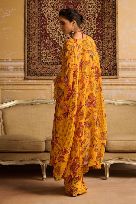 Shop Diyarajvvir Yellow Crepe, Georgette, Linen Sequins, Floral Print Cape Draped Skirt Set at Aza Fashions Shop_Diyarajvvir_Yellow Crepe, Georgette, Linen Sequins, Floral Print Cape Draped Skirt Set _at_Aza_Fashions