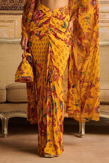 Diyarajvvir Yellow Crepe, Georgette, Linen Sequins, Floral Print Cape Draped Skirt Set Online at Aza Fashions Diyarajvvir_Yellow Crepe, Georgette, Linen Sequins, Floral Print Cape Draped Skirt Set _Online_at_Aza_Fashions