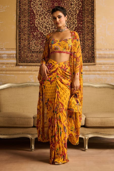 Buy Diyarajvvir Yellow Crepe, Georgette, Linen Sequins, Floral Print Cape Draped Skirt Set Online at Aza Fashions Buy_Diyarajvvir_Yellow Crepe, Georgette, Linen Sequins, Floral Print Cape Draped Skirt Set _Online_at_Aza_Fashions