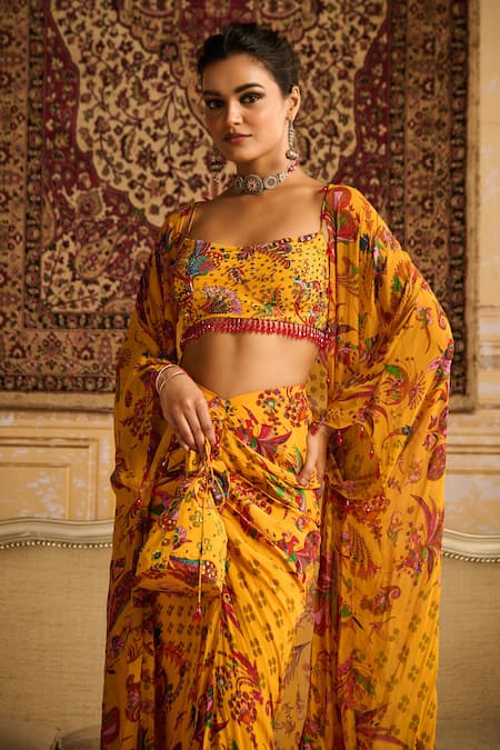 Shop Diyarajvvir Yellow Crepe, Georgette, Linen Sequins, Floral Print Cape Draped Skirt Set Online at Aza Fashions Shop_Diyarajvvir_Yellow Crepe, Georgette, Linen Sequins, Floral Print Cape Draped Skirt Set _Online_at_Aza_Fashions