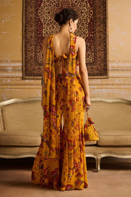 Shop Diyarajvvir Yellow Crepe, Georgette, Linen Sequins, Embroidery Printed Blouse Gharara Set at Aza Fashions Shop_Diyarajvvir_Yellow Crepe, Georgette, Linen Sequins, Embroidery Printed Blouse Gharara Set _at_Aza_Fashions