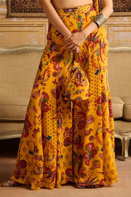 Diyarajvvir Yellow Crepe, Georgette, Linen Sequins, Embroidery Printed Blouse Gharara Set Online at Aza Fashions Diyarajvvir_Yellow Crepe, Georgette, Linen Sequins, Embroidery Printed Blouse Gharara Set _Online_at_Aza_Fashions
