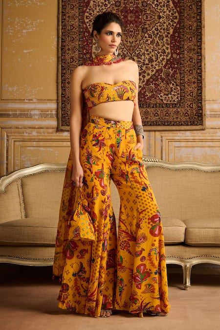 Buy Diyarajvvir Yellow Crepe, Georgette, Linen Sequins, Embroidery Printed Blouse Gharara Set Online at Aza Fashions Buy_Diyarajvvir_Yellow Crepe, Georgette, Linen Sequins, Embroidery Printed Blouse Gharara Set _Online_at_Aza_Fashions