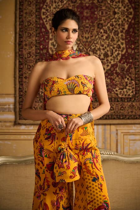 Shop Diyarajvvir Yellow Crepe, Georgette, Linen Sequins, Embroidery Printed Blouse Gharara Set Online at Aza Fashions Shop_Diyarajvvir_Yellow Crepe, Georgette, Linen Sequins, Embroidery Printed Blouse Gharara Set _Online_at_Aza_Fashions