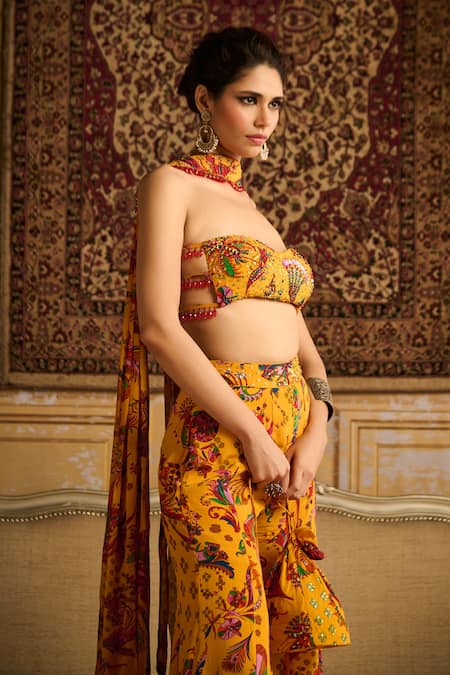 Diyarajvvir Yellow Crepe, Georgette, Linen Sequins, Embroidery Printed Blouse Gharara Set at Aza Fashions Diyarajvvir_Yellow Crepe, Georgette, Linen Sequins, Embroidery Printed Blouse Gharara Set _at_Aza_Fashions