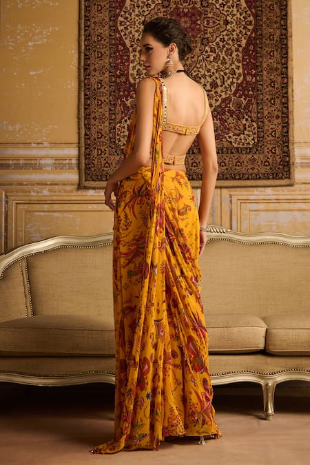 Shop_Diyarajvvir_Yellow Georgette, , Silk, Satin Floral Print Sharara Saree Set _at_Aza_Fashions