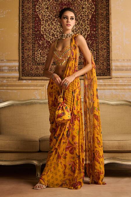 Diyarajvvir_Yellow Georgette, , Silk, Satin Floral Print Sharara Saree Set _Online_at_Aza_Fashions