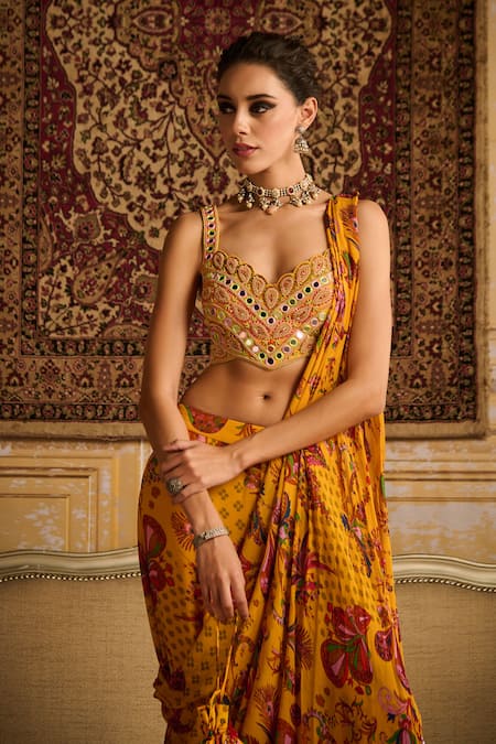 Buy_Diyarajvvir_Yellow Georgette, , Silk, Satin Floral Print Sharara Saree Set _Online_at_Aza_Fashions