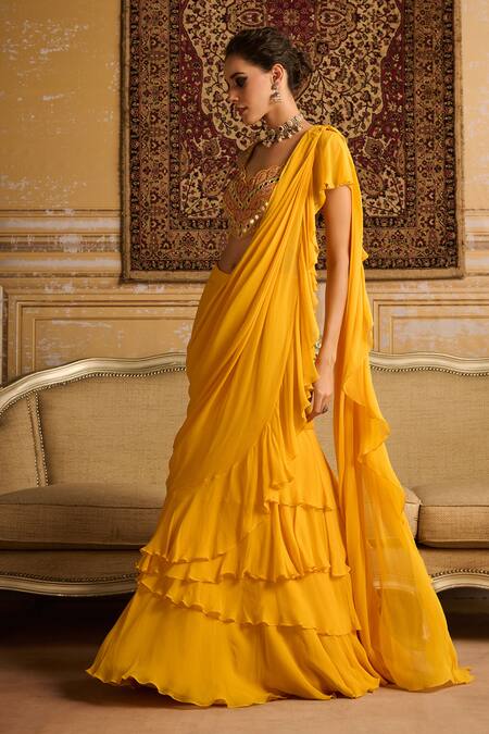 Diyarajvvir_Yellow Georgette, Cotton, Silk Pre-draped Ruffled Skirt Saree With Blouse _Online_at_Aza_Fashions