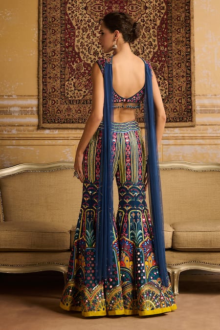 Shop Diyarajvvir Blue Silk, Tulle Beads, Mirrors, Sequins Embroidered Blouse Sharara Set at Aza Fashions Shop_Diyarajvvir_Blue Silk, Tulle Beads, Mirrors, Sequins Embroidered Blouse Sharara Set _at_Aza_Fashions