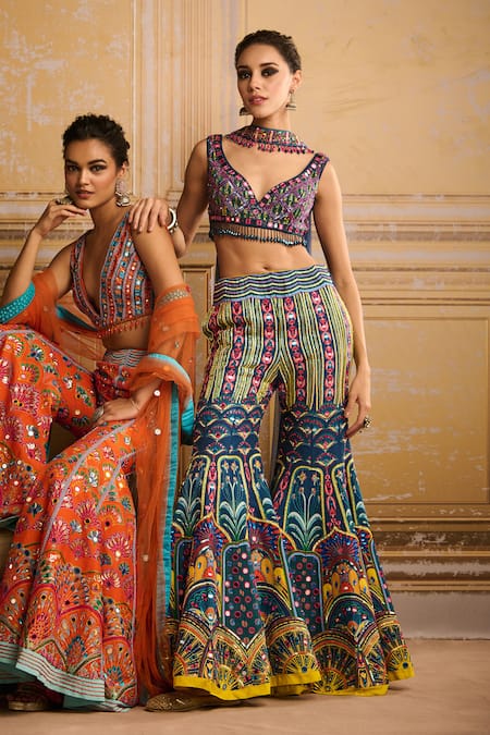 Diyarajvvir Blue Silk, Tulle Beads, Mirrors, Sequins Embroidered Blouse Sharara Set Online at Aza Fashions Diyarajvvir_Blue Silk, Tulle Beads, Mirrors, Sequins Embroidered Blouse Sharara Set _Online_at_Aza_Fashions