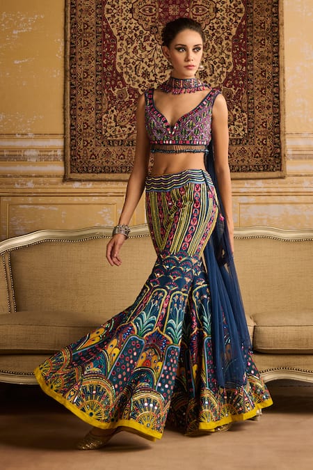 Buy Diyarajvvir Blue Silk, Tulle Beads, Mirrors, Sequins Embroidered Blouse Sharara Set Online at Aza Fashions Buy_Diyarajvvir_Blue Silk, Tulle Beads, Mirrors, Sequins Embroidered Blouse Sharara Set _Online_at_Aza_Fashions