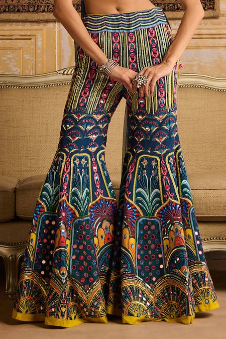 Shop Diyarajvvir Blue Silk, Tulle Beads, Mirrors, Sequins Embroidered Blouse Sharara Set Online at Aza Fashions Shop_Diyarajvvir_Blue Silk, Tulle Beads, Mirrors, Sequins Embroidered Blouse Sharara Set _Online_at_Aza_Fashions