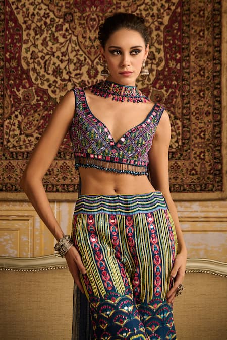 Diyarajvvir Blue Silk, Tulle Beads, Mirrors, Sequins Embroidered Blouse Sharara Set at Aza Fashions Diyarajvvir_Blue Silk, Tulle Beads, Mirrors, Sequins Embroidered Blouse Sharara Set _at_Aza_Fashions