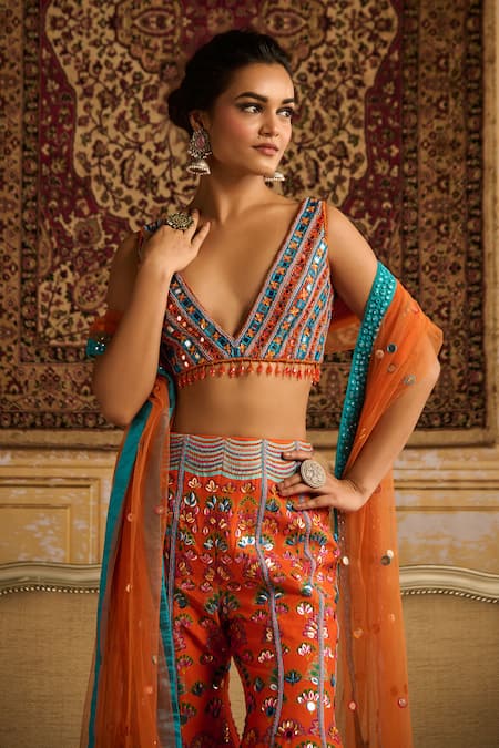 Diyarajvvir Orange Silk, Tulle Beads, Mirrors Plunge Neck Embroidered Blouse Sharara Set Online at Aza Fashions Diyarajvvir_Orange Silk, Tulle Beads, Mirrors Plunge Neck Embroidered Blouse Sharara Set _Online_at_Aza_Fashions