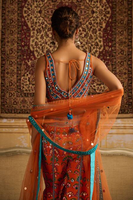 Buy Diyarajvvir Orange Silk, Tulle Beads, Mirrors Plunge Neck Embroidered Blouse Sharara Set Buy_Diyarajvvir_Orange Silk, Tulle Beads, Mirrors Plunge Neck Embroidered Blouse Sharara Set