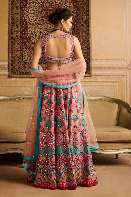 Shop Diyarajvvir Peach Cotton, Silk, Chiffon Sequins, Lace Scallop Print Embroidered Lehenga Set at Aza Fashions Shop_Diyarajvvir_Peach Cotton, Silk, Chiffon Sequins, Lace Scallop Print Embroidered Lehenga Set _at_Aza_Fashions
