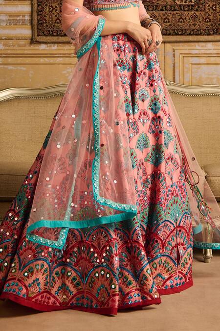Diyarajvvir Peach Cotton, Silk, Chiffon Sequins, Lace Scallop Print Embroidered Lehenga Set Online at Aza Fashions Diyarajvvir_Peach Cotton, Silk, Chiffon Sequins, Lace Scallop Print Embroidered Lehenga Set _Online_at_Aza_Fashions
