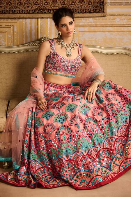 Buy Diyarajvvir Peach Cotton, Silk, Chiffon Sequins, Lace Scallop Print Embroidered Lehenga Set Online at Aza Fashions Buy_Diyarajvvir_Peach Cotton, Silk, Chiffon Sequins, Lace Scallop Print Embroidered Lehenga Set _Online_at_Aza_Fashions