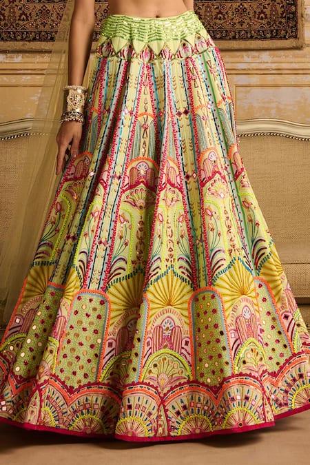 Diyarajvvir_Green Silk, Tulle, Satin Sequins, Embroidery Plunge Neck Arch Print Lehenga Set _Online_at_Aza_Fashions