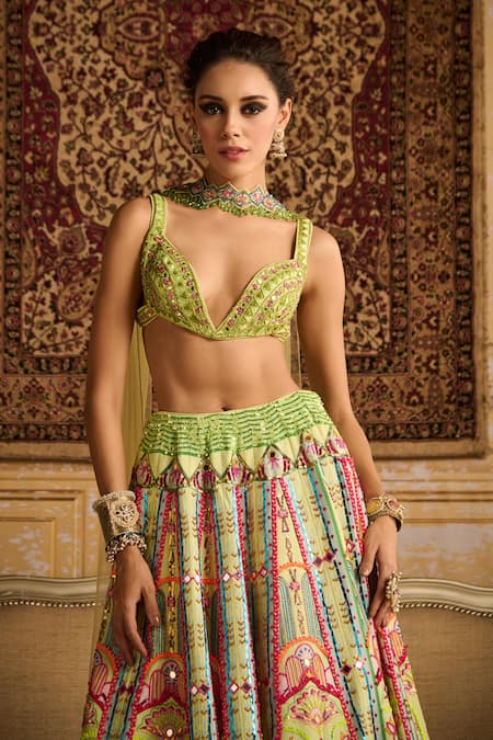 Shop_Diyarajvvir_Green Silk, Tulle, Satin Sequins, Embroidery Plunge Neck Arch Print Lehenga Set _Online_at_Aza_Fashions
