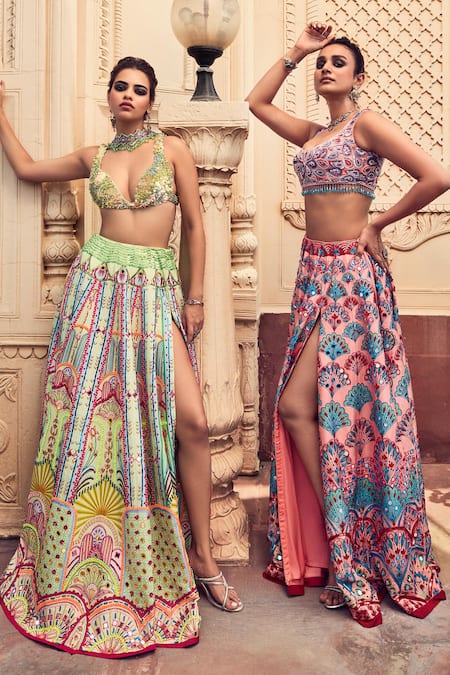 Diyarajvvir Green Silk, Tulle, Satin Mirrors, Beads, Arch Print Embroidered Lehenga Set Online at Aza Fashions Diyarajvvir_Green Silk, Tulle, Satin Mirrors, Beads, Arch Print Embroidered Lehenga Set _Online_at_Aza_Fashions