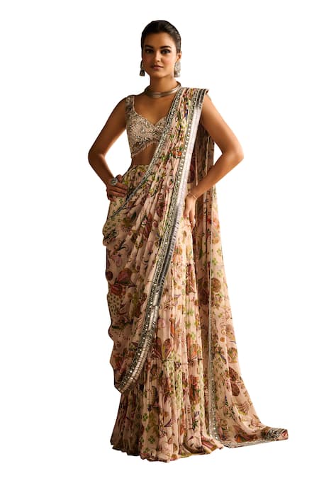 Diyarajvvir Green Crepe, Cosmic Flora Jaal Print Tiered Pre Draped Skirt Saree With Blouse Online at Aza Fashions Diyarajvvir_Green Crepe, Cosmic Flora Jaal Print Tiered Pre Draped Skirt Saree With Blouse _Online_at_Aza_Fashions