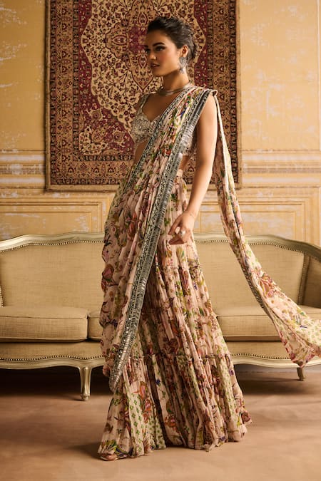 Buy Diyarajvvir Green Crepe, Cosmic Flora Jaal Print Tiered Pre Draped Skirt Saree With Blouse Online at Aza Fashions Buy_Diyarajvvir_Green Crepe, Cosmic Flora Jaal Print Tiered Pre Draped Skirt Saree With Blouse _Online_at_Aza_Fashions