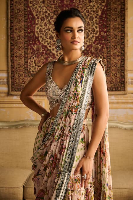 Shop Diyarajvvir Green Crepe, Cosmic Flora Jaal Print Tiered Pre Draped Skirt Saree With Blouse Online at Aza Fashions Shop_Diyarajvvir_Green Crepe, Cosmic Flora Jaal Print Tiered Pre Draped Skirt Saree With Blouse _Online_at_Aza_Fashions