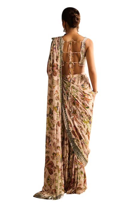 Diyarajvvir Green Crepe, Cosmic Flora Jaal Print Tiered Pre Draped Skirt Saree With Blouse at Aza Fashions Diyarajvvir_Green Crepe, Cosmic Flora Jaal Print Tiered Pre Draped Skirt Saree With Blouse _at_Aza_Fashions
