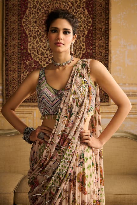 Shop Diyarajvvir Green Crepe, Cosmic Bloom Print Tiered Pre Draped Skirt Saree With Blouse Online at Aza Fashions Shop_Diyarajvvir_Green Crepe, Cosmic Bloom Print Tiered Pre Draped Skirt Saree With Blouse _Online_at_Aza_Fashions