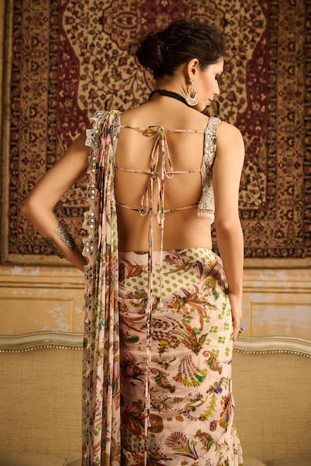 Shop Diyarajvvir Green Crepe, Cosmic Ambrosia Print Tiered Pre Draped Skirt Saree With Blouse at Aza Fashions Shop_Diyarajvvir_Green Crepe, Cosmic Ambrosia Print Tiered Pre Draped Skirt Saree With Blouse _at_Aza_Fashions