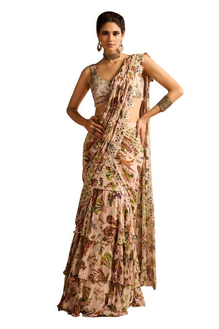 Diyarajvvir Green Crepe, Cosmic Ambrosia Print Tiered Pre Draped Skirt Saree With Blouse Online at Aza Fashions Diyarajvvir_Green Crepe, Cosmic Ambrosia Print Tiered Pre Draped Skirt Saree With Blouse _Online_at_Aza_Fashions
