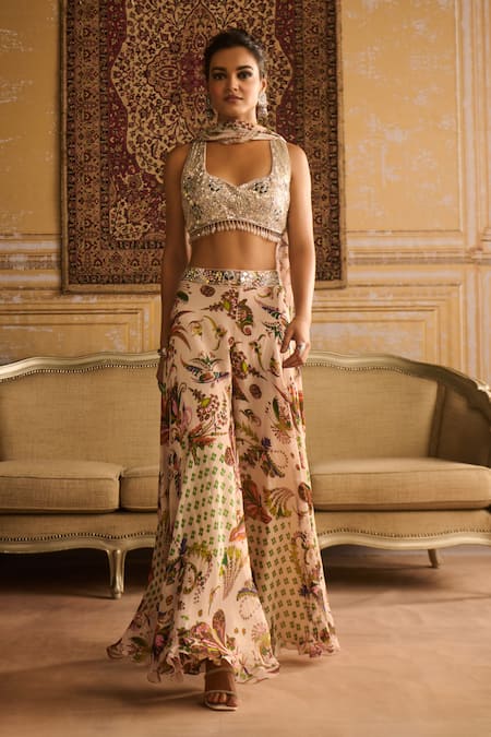 Buy Diyarajvvir Green Tulle, Satin, Cotton, Chiffon Sequins, Cosmic Floret Blouse Sharara Set Online at Aza Fashions Buy_Diyarajvvir_Green Tulle, Satin, Cotton, Chiffon Sequins, Cosmic Floret Blouse Sharara Set _Online_at_Aza_Fashions