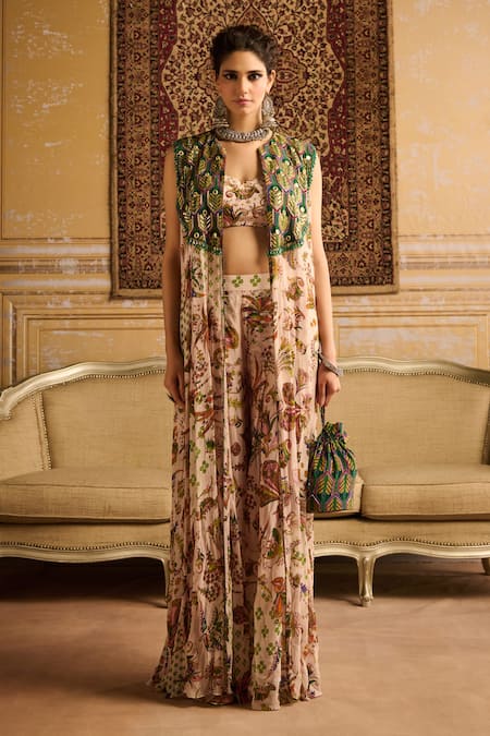 DiyaRajvvir Green Crepe Print Gardenia Open Neck Bloom And Embroidered Cape Flared Pant Set 