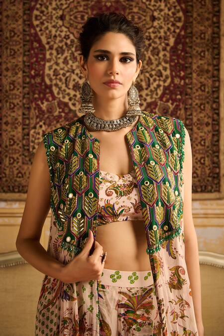 Diyarajvvir Green Crepe, Georgette Sequins, Gardenia Bloom Print And Cape Flared Pant Set Online at Aza Fashions Diyarajvvir_Green Crepe, Georgette Sequins, Gardenia Bloom Print And Cape Flared Pant Set _Online_at_Aza_Fashions