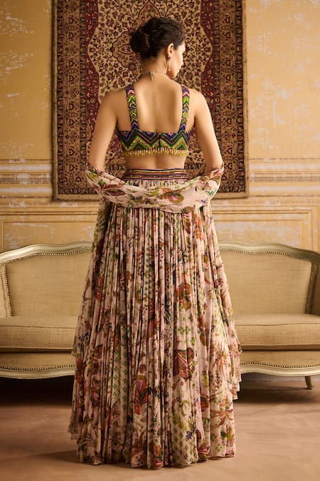 Shop Diyarajvvir Green Crepe, Georgette, Chiffon Beads, Botanic Garden Print Lehenga Set at Aza Fashions Shop_Diyarajvvir_Green Crepe, Georgette, Chiffon Beads, Botanic Garden Print Lehenga Set _at_Aza_Fashions