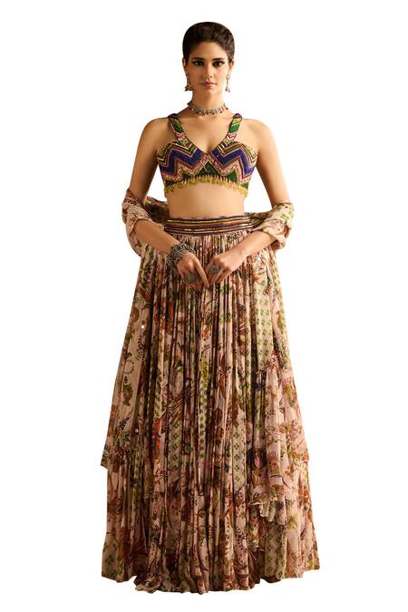 Diyarajvvir Green Crepe, Georgette, Chiffon Beads, Botanic Garden Print Lehenga Set Online at Aza Fashions Diyarajvvir_Green Crepe, Georgette, Chiffon Beads, Botanic Garden Print Lehenga Set _Online_at_Aza_Fashions