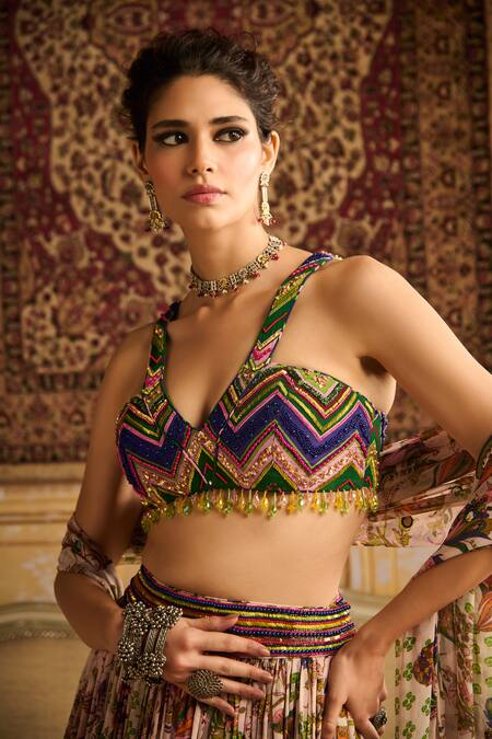 Buy Diyarajvvir Green Crepe, Georgette, Chiffon Beads, Botanic Garden Print Lehenga Set Online at Aza Fashions Buy_Diyarajvvir_Green Crepe, Georgette, Chiffon Beads, Botanic Garden Print Lehenga Set _Online_at_Aza_Fashions