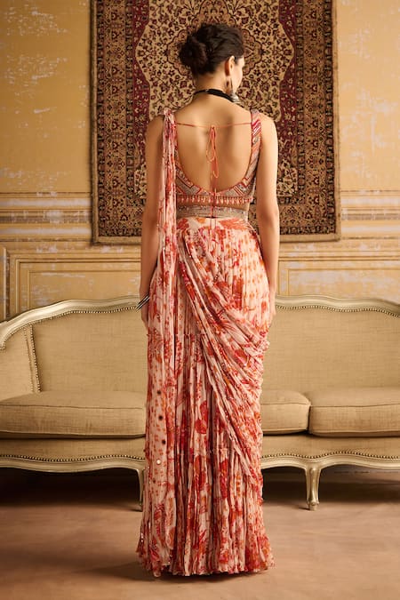 Shop Diyarajvvir Orange Crepe, Georgette, Linen Bahar Print Tiered Pre Draped Skirt Saree Set at Aza Fashions Shop_Diyarajvvir_Orange Crepe, Georgette, Linen Bahar Print Tiered Pre Draped Skirt Saree Set _at_Aza_Fashions