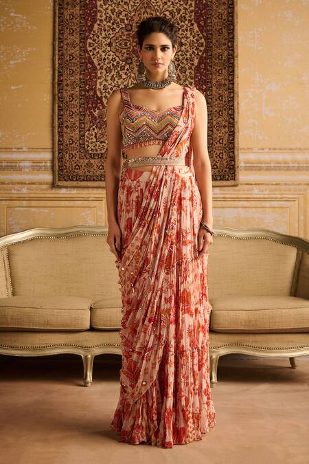 Diyarajvvir Orange Crepe, Georgette, Linen Bahar Print Tiered Pre Draped Skirt Saree Set Online at Aza Fashions Diyarajvvir_Orange Crepe, Georgette, Linen Bahar Print Tiered Pre Draped Skirt Saree Set _Online_at_Aza_Fashions