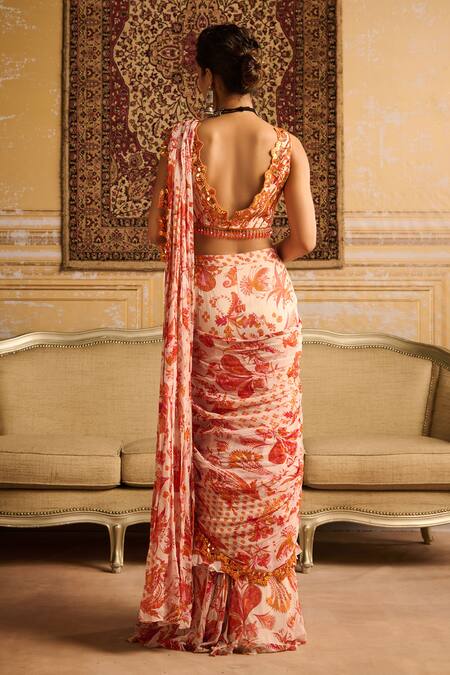 Shop Diyarajvvir Orange Crepe, Georgette, Linen Gul Print Tiered Pre Draped Skirt Saree Set at Aza Fashions Shop_Diyarajvvir_Orange Crepe, Georgette, Linen Gul Print Tiered Pre Draped Skirt Saree Set _at_Aza_Fashions