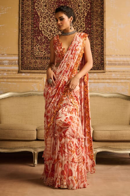 Diyarajvvir Orange Crepe, Georgette, Linen Gul Print Tiered Pre Draped Skirt Saree Set Online at Aza Fashions Diyarajvvir_Orange Crepe, Georgette, Linen Gul Print Tiered Pre Draped Skirt Saree Set _Online_at_Aza_Fashions