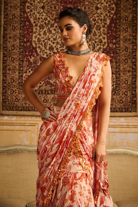 Buy Diyarajvvir Orange Crepe, Georgette, Linen Gul Print Tiered Pre Draped Skirt Saree Set Online at Aza Fashions Buy_Diyarajvvir_Orange Crepe, Georgette, Linen Gul Print Tiered Pre Draped Skirt Saree Set _Online_at_Aza_Fashions