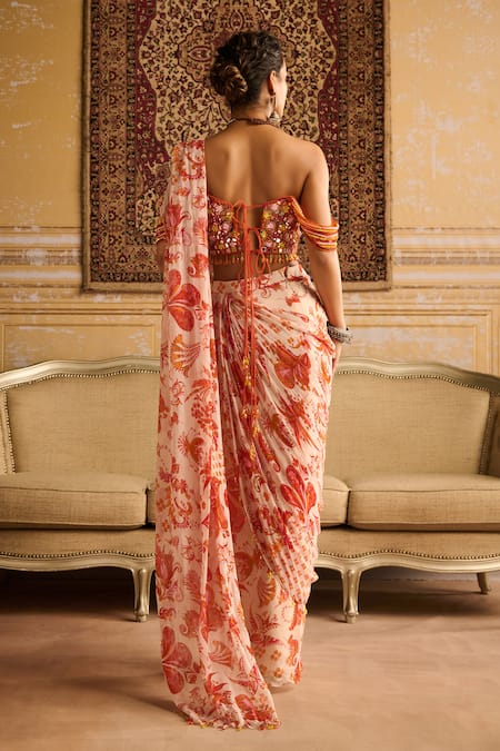 Shop Diyarajvvir Orange Georgette, Tulle, Folklore Bloom Print Pre Draped Skirt Saree With Blouse at Aza Fashions Shop_Diyarajvvir_Orange Georgette, Tulle, Folklore Bloom Print Pre Draped Skirt Saree With Blouse _at_Aza_Fashions