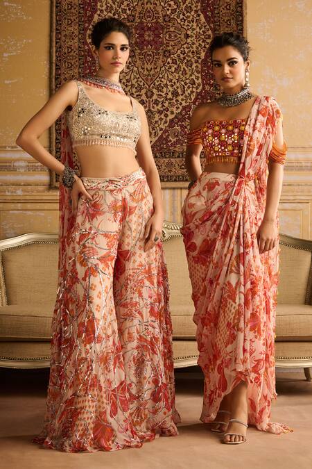 Diyarajvvir Orange Georgette, Tulle, Folklore Bloom Print Pre Draped Skirt Saree With Blouse Online at Aza Fashions Diyarajvvir_Orange Georgette, Tulle, Folklore Bloom Print Pre Draped Skirt Saree With Blouse _Online_at_Aza_Fashions