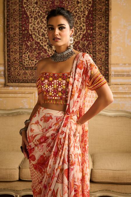 Buy Diyarajvvir Orange Georgette, Tulle, Folklore Bloom Print Pre Draped Skirt Saree With Blouse Online at Aza Fashions Buy_Diyarajvvir_Orange Georgette, Tulle, Folklore Bloom Print Pre Draped Skirt Saree With Blouse _Online_at_Aza_Fashions