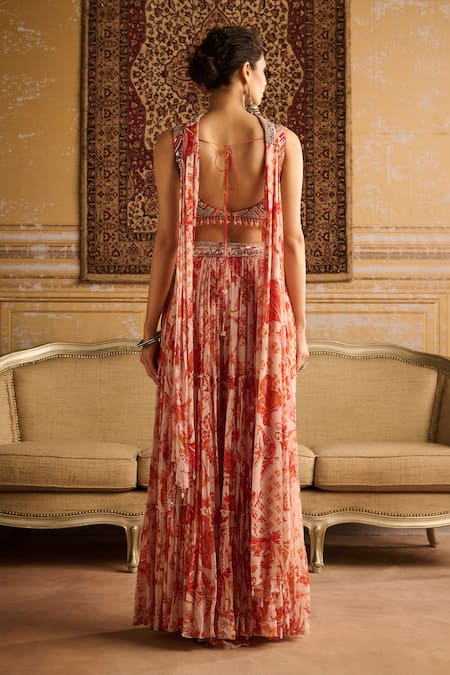 Shop Diyarajvvir Orange Crepe, Georgette, Linen Chevron Gullista Print And Blouse Gharara Set at Aza Fashions Shop_Diyarajvvir_Orange Crepe, Georgette, Linen Chevron Gullista Print And Blouse Gharara Set _at_Aza_Fashions