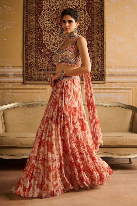 Diyarajvvir Orange Crepe, Georgette, Linen Chevron Gullista Print And Blouse Gharara Set Online at Aza Fashions Diyarajvvir_Orange Crepe, Georgette, Linen Chevron Gullista Print And Blouse Gharara Set _Online_at_Aza_Fashions