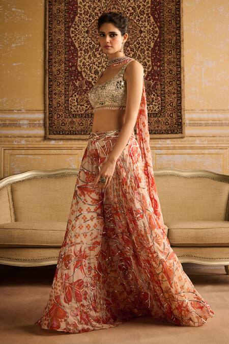 Diyarajvvir Orange Tulle, Satin Sequins, Gulmohar Print And Blouse & Sharara Pant Set Online at Aza Fashions Diyarajvvir_Orange Tulle, Satin Sequins, Gulmohar Print And Blouse & Sharara Pant Set _Online_at_Aza_Fashions